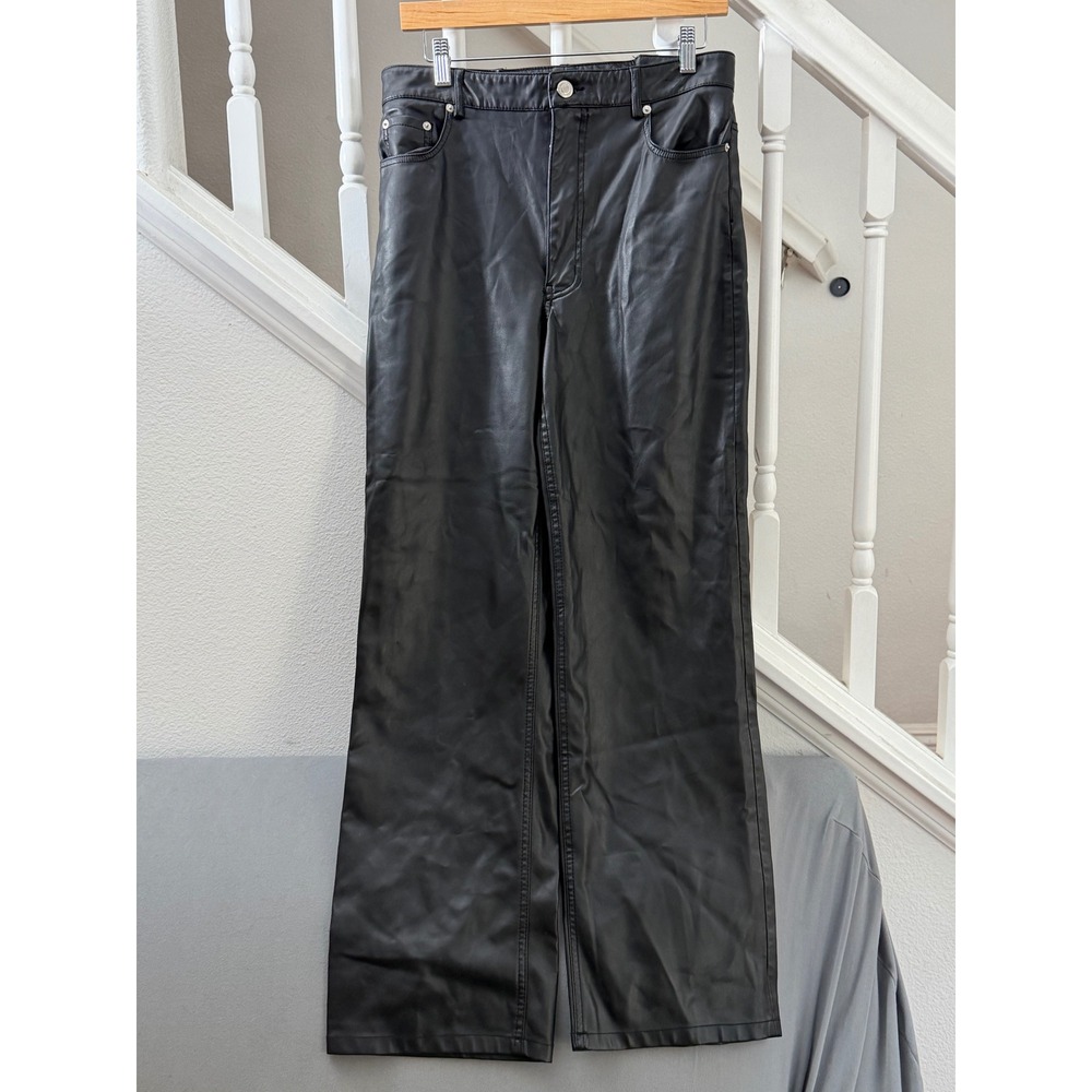 Zara Black Faux Leather Wide Leg Pants Size 10 High Waisted 5-Pocket 32x28